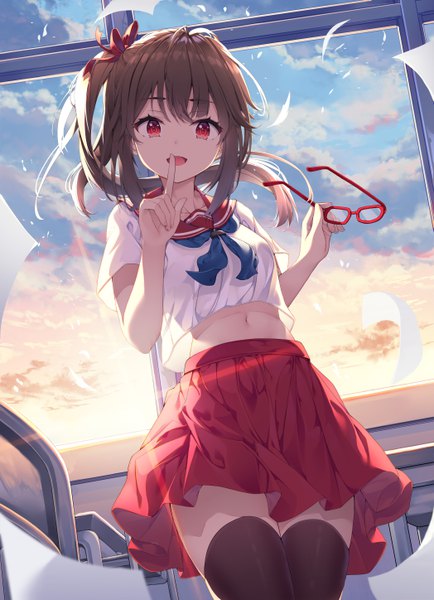 Anime picture 4190x5790 with original keis (locrian1357) single long hair tall image looking at viewer fringe highres open mouth smile red eyes brown hair standing holding payot absurdres sky cloud (clouds) indoors :d