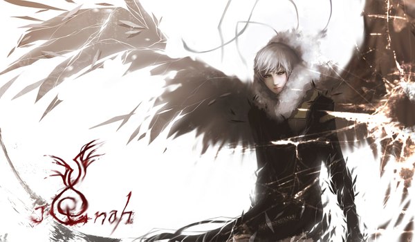 Anime picture 1600x935 with original unodu single looking at viewer short hair wide image yellow eyes silver hair inscription boy wings fur debris