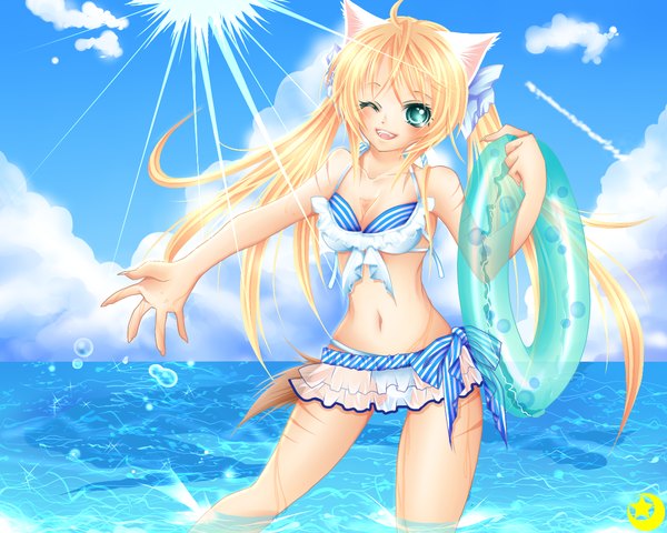 Anime picture 1280x1024 with original midzuki long hair blush open mouth light erotic blonde hair twintails animal ears sky cloud (clouds) one eye closed aqua eyes wink cat ears midriff girl navel swimsuit bikini