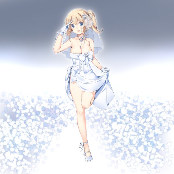 Anime picture 2000x2000 with original kuro (kuronell) single blush highres short hair breasts open mouth blue eyes light erotic blonde hair large breasts bare shoulders girl dress gloves hair ornament flower (flowers)