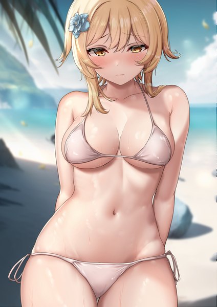 Anime picture 1414x2000 with genshin impact lumine (genshin impact) takenoko pengin single tall image looking at viewer blush fringe short hair breasts light erotic blonde hair large breasts standing yellow eyes sky cloud (clouds) outdoors parted lips hair flower