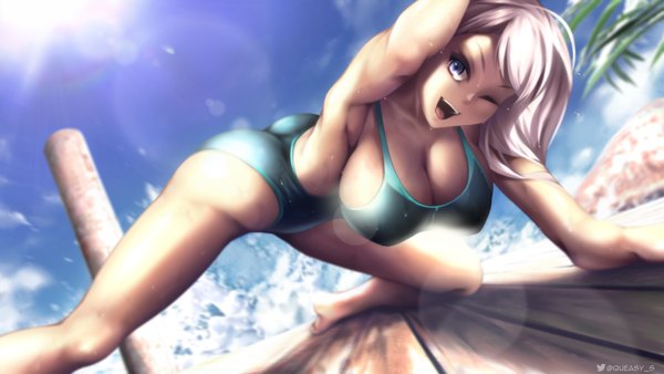 Anime-Bild 1920x1080 mit fate (series) fate/grand order miyamoto musashi (fate) miyamoto musashi (swimsuit berserker) (fate) queasy s single long hair fringe highres breasts open mouth blue eyes light erotic smile wide image signed looking away pink hair sky cleavage