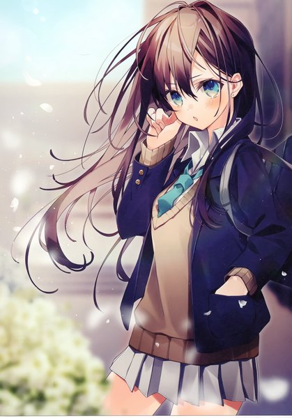Anime picture 2088x2987 with original oshio (dayo) single long hair tall image looking at viewer blush fringe highres open mouth hair between eyes brown hair standing outdoors pleated skirt arm up aqua eyes wind :o depth of field