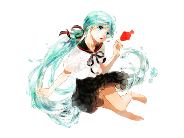 Anime picture 1200x900 with vocaloid hatsune miku bottle miku moekon single long hair open mouth blue eyes twintails nail polish barefoot aqua hair wallpaper low twintails liquid hair girl ribbon (ribbons) hair ribbon serafuku bubble (bubbles)