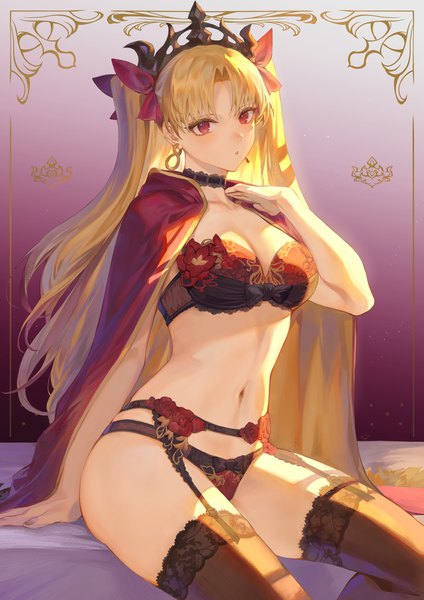 Anime picture 1447x2047 with fate (series) fate/grand order ereshkigal (fate) mashuu (neko no oyashiro) single long hair tall image looking at viewer fringe breasts light erotic simple background blonde hair red eyes large breasts sitting cleavage parted lips head tilt arm up