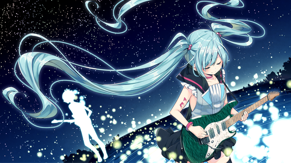Anime picture 1267x713 with vocaloid hatsune miku sakuragi ren single fringe wide image twintails payot eyes closed very long hair aqua hair night sparkle tattoo dutch angle alternate costume night sky floating hair glowing glow
