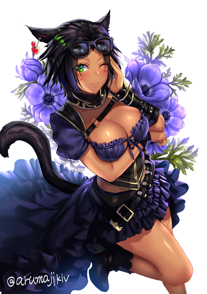 Anime picture 636x900 with final fantasy final fantasy xiv square enix miqo'te aruma jiki single tall image looking at viewer blush fringe short hair breasts light erotic black hair simple background smile large breasts standing white background green eyes