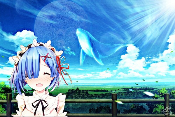 Anime picture 1000x670 with re:zero kara hajimeru isekai seikatsu original white fox rem (re:zero) bison cangshu mocha (cotton) single blush fringe short hair open mouth signed blue hair sky cloud (clouds) eyes closed sunlight hair over one eye maid wallpaper