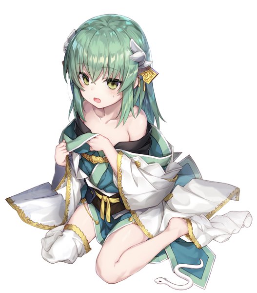 Anime picture 1318x1500 with fate (series) fate/grand order kiyohime (fate) katoroku single long hair tall image looking at viewer blush fringe open mouth light erotic simple background hair between eyes white background sitting bare shoulders green eyes payot full body