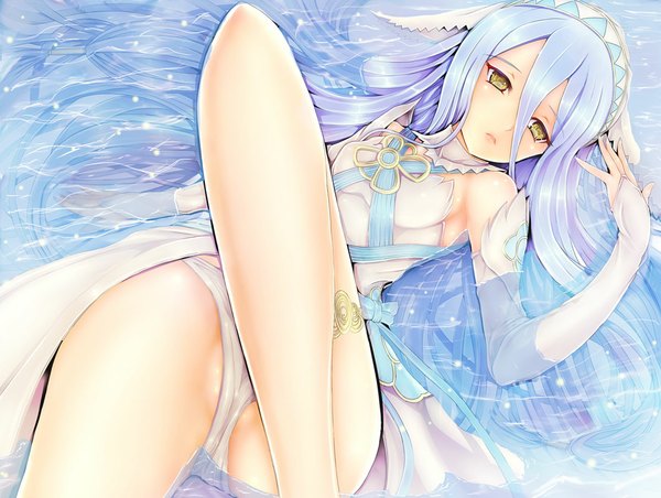 Anime picture 1061x800 with fire emblem fire emblem fates azura (fire emblem) teruru single fringe light erotic hair between eyes yellow eyes blue hair lying very long hair legs girl dress underwear panties detached sleeves water