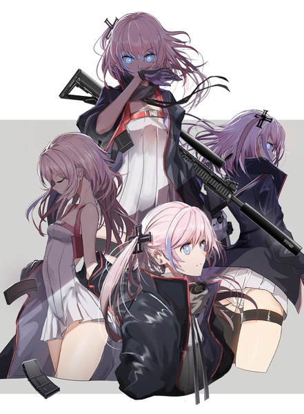 Anime picture 1800x2448 with girls frontline st ar-15 (girls frontline) swav long hair tall image looking at viewer fringe highres blue eyes light erotic simple background hair between eyes looking away pink hair ass eyes closed profile off shoulder open jacket one side up