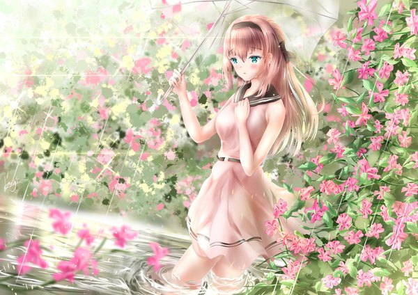 Anime picture 2048x1448 with original dicedkey single long hair blush fringe highres breasts hair between eyes brown hair standing holding payot looking away outdoors arm up aqua eyes wind dutch angle depth of field