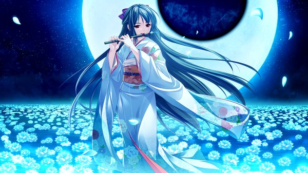 Anime picture 2048x1152 with tsukumo no kanade skyfish (studio) long hair highres black hair red eyes wide image game cg japanese clothes night girl flower (flowers) petals kimono moon obi musical instrument flute