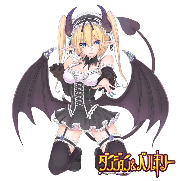 Anime picture 1280x1280 with dungeon & valkyrie kagerou (shadowmage) single long hair looking at viewer blue eyes simple background blonde hair white background twintails horn (horns) pointy ears girl thighhighs dress black thighhighs detached sleeves wings headdress