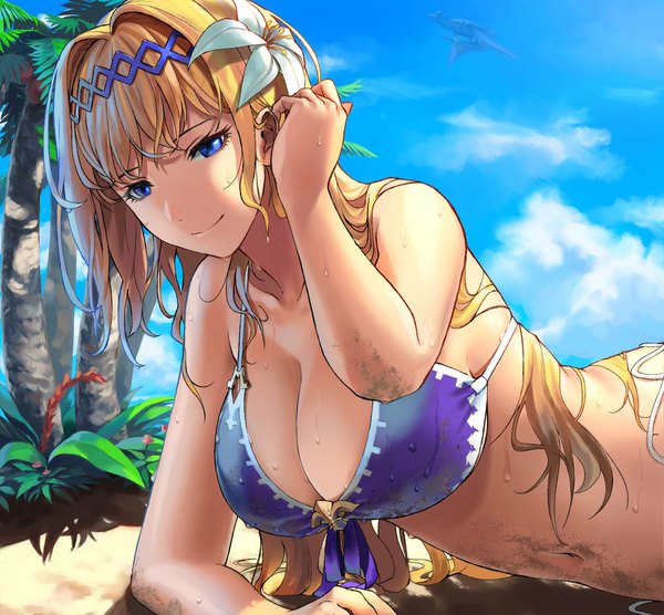 Anime picture 1920x1780 with granblue fantasy jeanne d'arc (granblue fantasy) zonotaida single long hair looking at viewer highres breasts blue eyes light erotic blonde hair large breasts sky cloud (clouds) hair flower light smile arm support beach adjusting hair shaded face