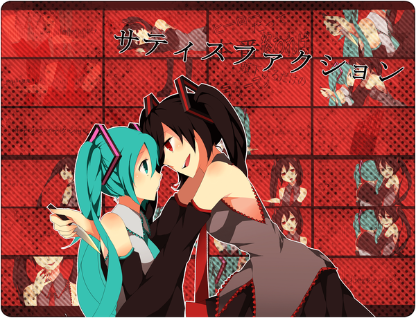 Anime picture 1500x1152 with vocaloid hatsune miku zatsune miku kogarashi midori long hair black hair smile red eyes twintails multiple girls aqua eyes aqua hair face to face girl hair ornament 2 girls detached sleeves necktie vest