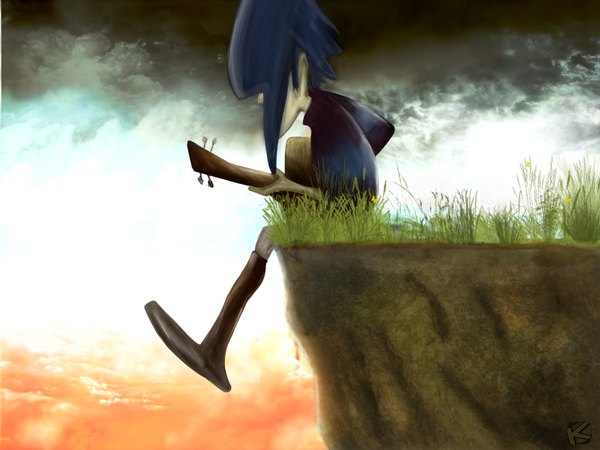 Anime picture 1600x1200 with gorillaz noodle (gorillaz) blue hair cloud (clouds) floating island girl musical instrument guitar island
