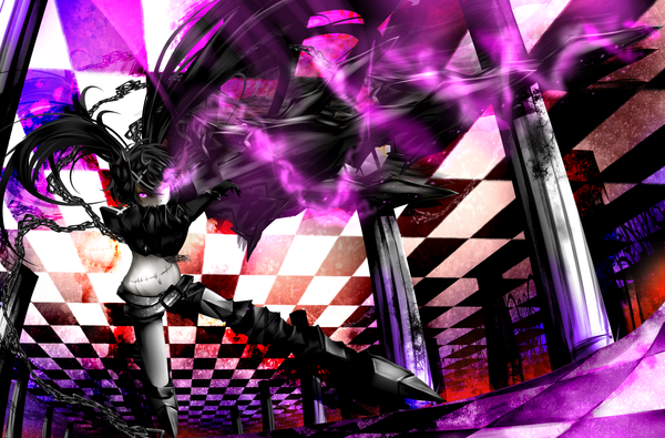 Anime picture 2149x1417 with black rock shooter insane black rock shooter kitamuraeri (artist) single long hair highres open mouth black hair purple eyes twintails glowing scar glowing eye (eyes) pale skin checkered floor checkered girl gloves navel hair ornament