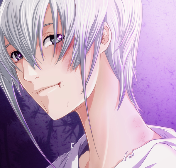 Anime picture 1000x955 with air gear toei animation kilik hao-hime single short hair smile silver hair grey eyes torn clothes coloring portrait face purple background + + boy blood