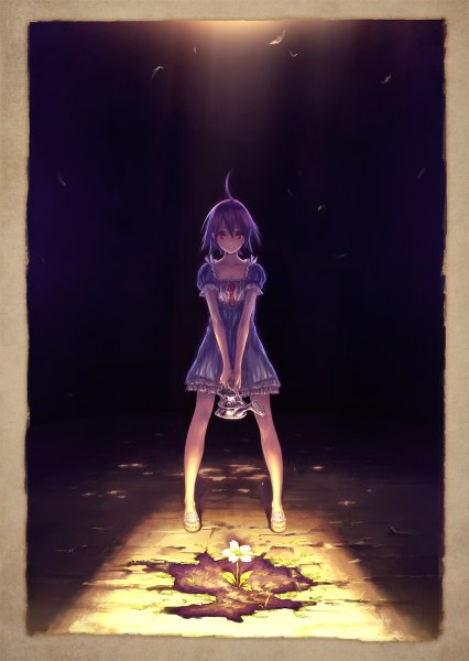Anime picture 852x1200 with original hisakata souji single tall image looking at viewer short hair smile red eyes purple hair ahoge light girl dress flower (flowers) ribbon (ribbons) sandals watering can