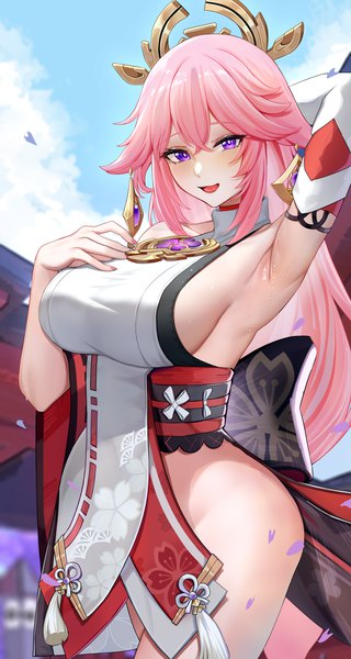 Anime-Bild 2400x4500 mit genshin impact yae miko piukute062 single long hair tall image looking at viewer blush fringe highres breasts open mouth light erotic smile hair between eyes large breasts standing purple eyes animal ears payot