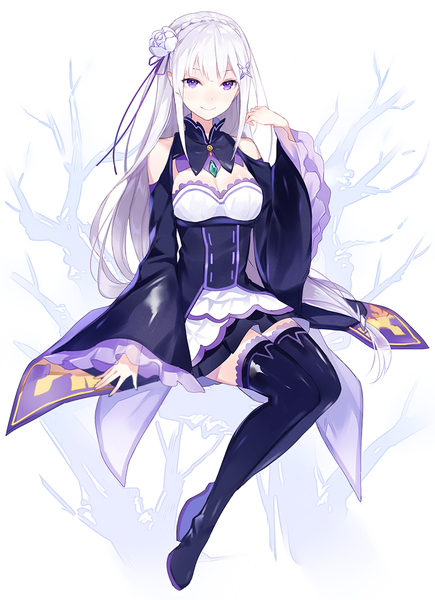 Anime picture 800x1102 with re:zero kara hajimeru isekai seikatsu white fox emilia (re:zero) apring single long hair tall image looking at viewer fringe hair between eyes white background purple eyes bare shoulders white hair hair flower pointy ears girl dress flower (flowers) detached sleeves