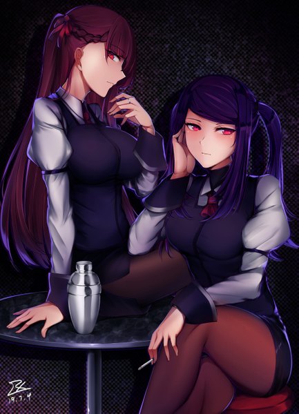 Anime picture 2122x2941 with girls frontline va-11 hall-a wa2000 (girls frontline) jill stingray zhishi ge fangzhang long hair tall image looking at viewer blush fringe highres breasts simple background red eyes standing sitting purple eyes twintails multiple girls signed
