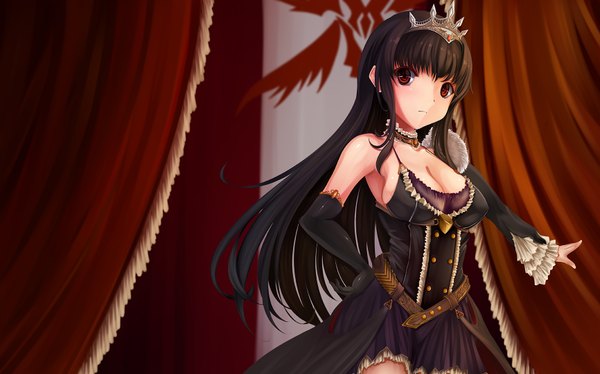 Anime picture 1732x1080 with original rhineheim single long hair looking at viewer highres light erotic black hair red eyes wide image bare shoulders cleavage girl dress gloves detached sleeves elbow gloves crown