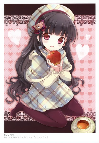 Anime picture 2406x3475 with original 029 single long hair tall image looking at viewer blush highres open mouth black hair red eyes scan loli girl beret fruit apple