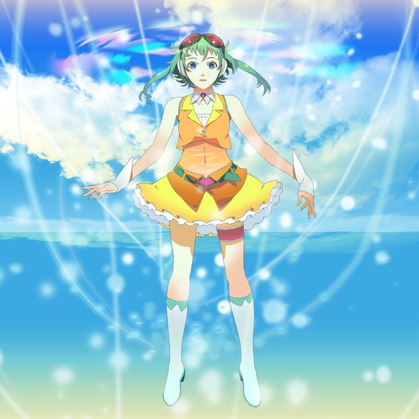 Anime picture 1000x1000 with vocaloid gumi 119 single short hair open mouth blue eyes bare shoulders sky cloud (clouds) green hair midriff goggles on head girl navel headphones thigh boots wrist cuffs goggles