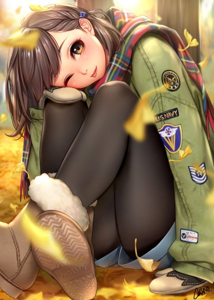 Anime picture 1429x2000 with original masami chie single tall image looking at viewer fringe short hair brown hair sitting brown eyes outdoors one eye closed wink autumn girl gloves plant (plants) pantyhose tree (trees) jacket