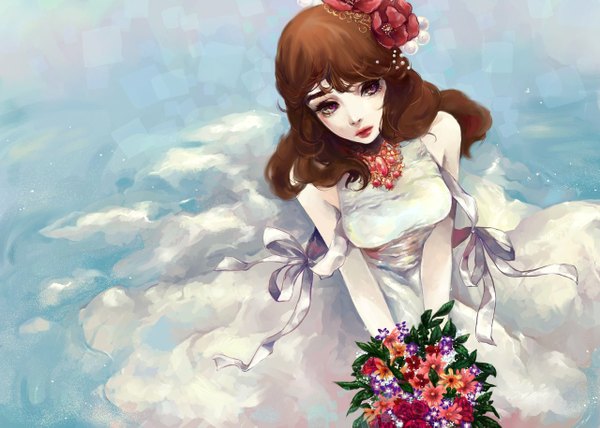 Anime picture 1280x915 with original bluesaga331 single long hair brown hair purple eyes hair flower girl dress hair ornament flower (flowers) white dress jewelry bouquet