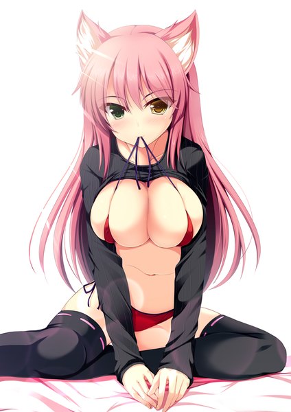 Anime picture 827x1169 with original koneko (nonnkimono) single long hair tall image blush breasts light erotic large breasts animal ears pink hair cat ears heterochromia girl thighhighs navel black thighhighs swimsuit bikini