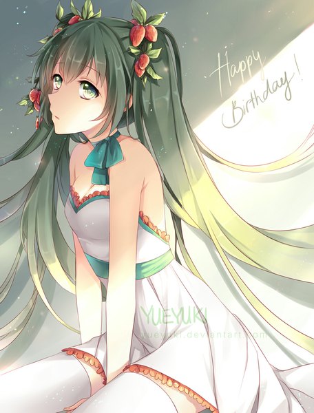 Anime picture 826x1087 with vocaloid hatsune miku yueyuki single long hair tall image twintails bare shoulders green eyes green hair sunlight inscription happy birthday girl thighhighs dress hair ornament white thighhighs frills white dress