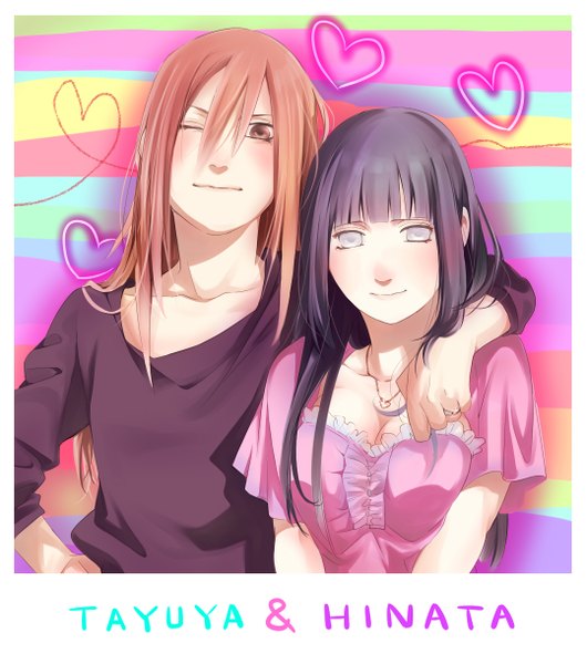 Anime picture 1077x1218 with naruto studio pierrot naruto (series) hyuuga hinata tayuya tayuya1130 long hair tall image smile brown hair purple eyes multiple girls brown eyes purple hair one eye closed wink embarrassed heart of string girl dress