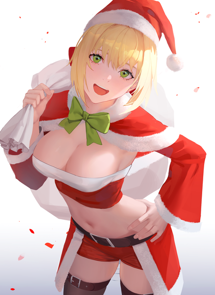 Anime picture 2004x2746 with fate (series) fate/extra nero claudius (fate) (all) nero claudius (fate) drid single tall image highres short hair breasts open mouth light erotic blonde hair large breasts white background green eyes cleavage :d midriff leaning