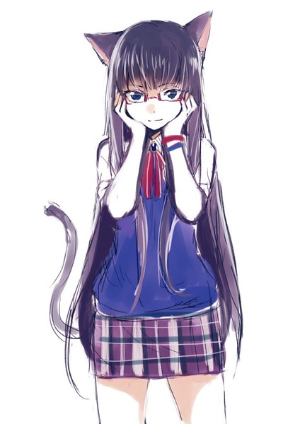 Anime picture 600x848 with original arisaka ako long hair tall image fringe blue eyes black hair simple background smile standing white background animal ears tail animal tail cat ears short sleeves cat girl cat tail plaid skirt sketch