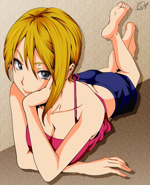 Anime picture 1600x1969 with shokugeki no soma j.c. staff nakiri alice cute-heart single tall image short hair light erotic blonde hair cleavage bent knee (knees) ass barefoot lips black eyes arm support legs on stomach hand on cheek girl