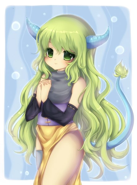 Anime picture 1313x1778 with midna01 single long hair tall image blush fringe light erotic simple background standing green eyes tail horn (horns) green hair framed hands clasped interlocked fingers girl thighhighs detached sleeves single thighhigh