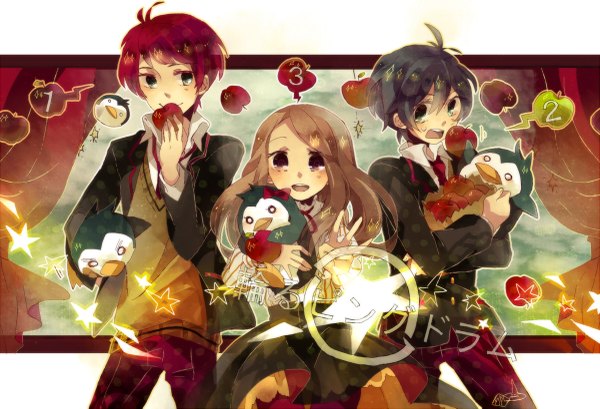 Anime picture 1200x819 with mawaru penguindrum takakura himari takakura kanba takakura shouma penguin 3-gou penguin 1-gou penguin 2-gou maple (cyakapon) long hair short hair open mouth smile red eyes brown hair purple eyes signed blue hair ahoge aqua eyes multiple boys