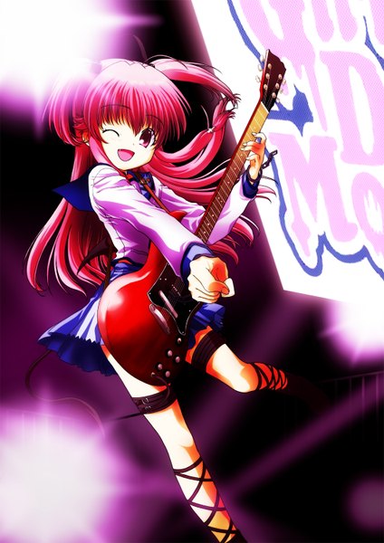 Anime picture 1060x1500 with angel beats! key (studio) yui (angel beats!) nekomaru (artist) single long hair tall image open mouth smile pink hair braid (braids) one eye closed pink eyes wink two side up twin braids light girl uniform school uniform