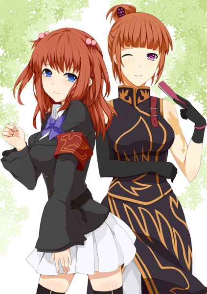 Anime picture 2039x2894 with umineko no naku koro ni ushiromiya ange ushiromiya rosa tall image highres short hair blue eyes brown hair multiple girls red hair long sleeves one eye closed pink eyes wink two side up girl gloves bow 2 girls elbow gloves