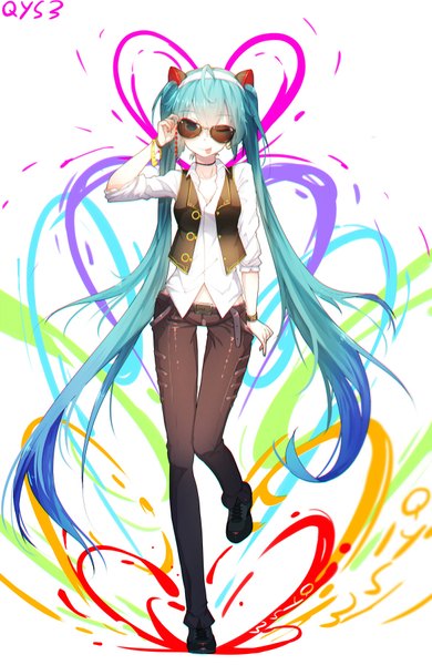 Anime picture 586x900 with vocaloid hatsune miku qys3 single tall image looking at viewer twintails very long hair one eye closed aqua eyes wink aqua hair coloring girl shirt sunglasses