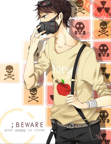 Anime picture 1000x1297 with original strawberry-queen1 tagme (artist) single tall image short hair brown hair brown eyes text boy earrings jewelry mask goggles suspenders respirator