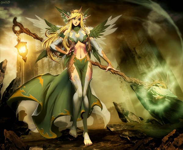 Anime picture 1100x904 with castle age sylvanas genzoman single long hair breasts blonde hair green eyes looking away pointy ears midriff elf girl gloves navel wings elbow gloves cloak staff
