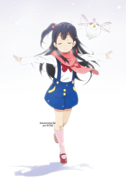 Anime picture 729x1032 with tamako market kyoto animation kitashirakawa anko dera mochimazzui yamasaki wataru single long hair tall image blush black hair smile white background full body eyes closed shadow one side up spread arms girl dress animal