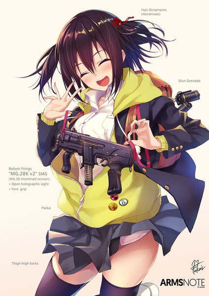 Anime picture 785x1110 with arms note fukai ryosuke single tall image blush short hair open mouth light erotic black hair smile eyes closed open jacket two side up girl thighhighs skirt hair ornament weapon black thighhighs miniskirt