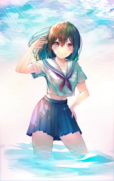 Anime picture 4000x6339 with original munseonghwa single long hair tall image looking at viewer blush fringe highres black hair smile hair between eyes standing absurdres sky cloud (clouds) pleated skirt arm up sunlight partially submerged