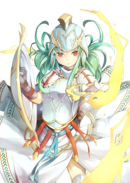 Anime picture 896x1261 with puzzle & dragons athena (p&d) byte (allbyte) single long hair tall image simple background red eyes white background green hair girl dress armor fire helmet shield