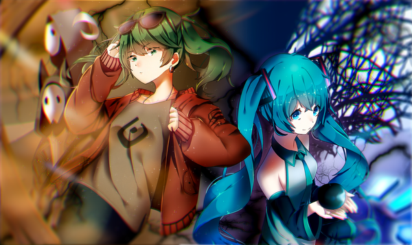 Anime picture 2600x1550 with vocaloid suna no wakusei (vocaloid) hatsune miku myong ha long hair looking at viewer highres smile wide image twintails bare shoulders multiple girls green eyes looking away aqua eyes green hair blurry aqua hair open jacket sunglasses on head